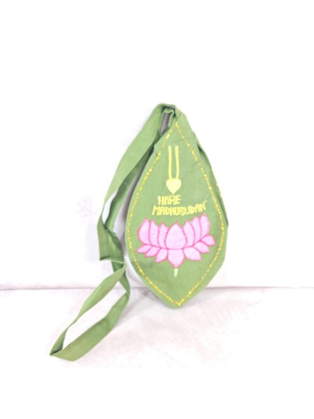 Hare Madhusudan Embroidered Bead JapBag Hindu Devotional Prayer Pouch Green